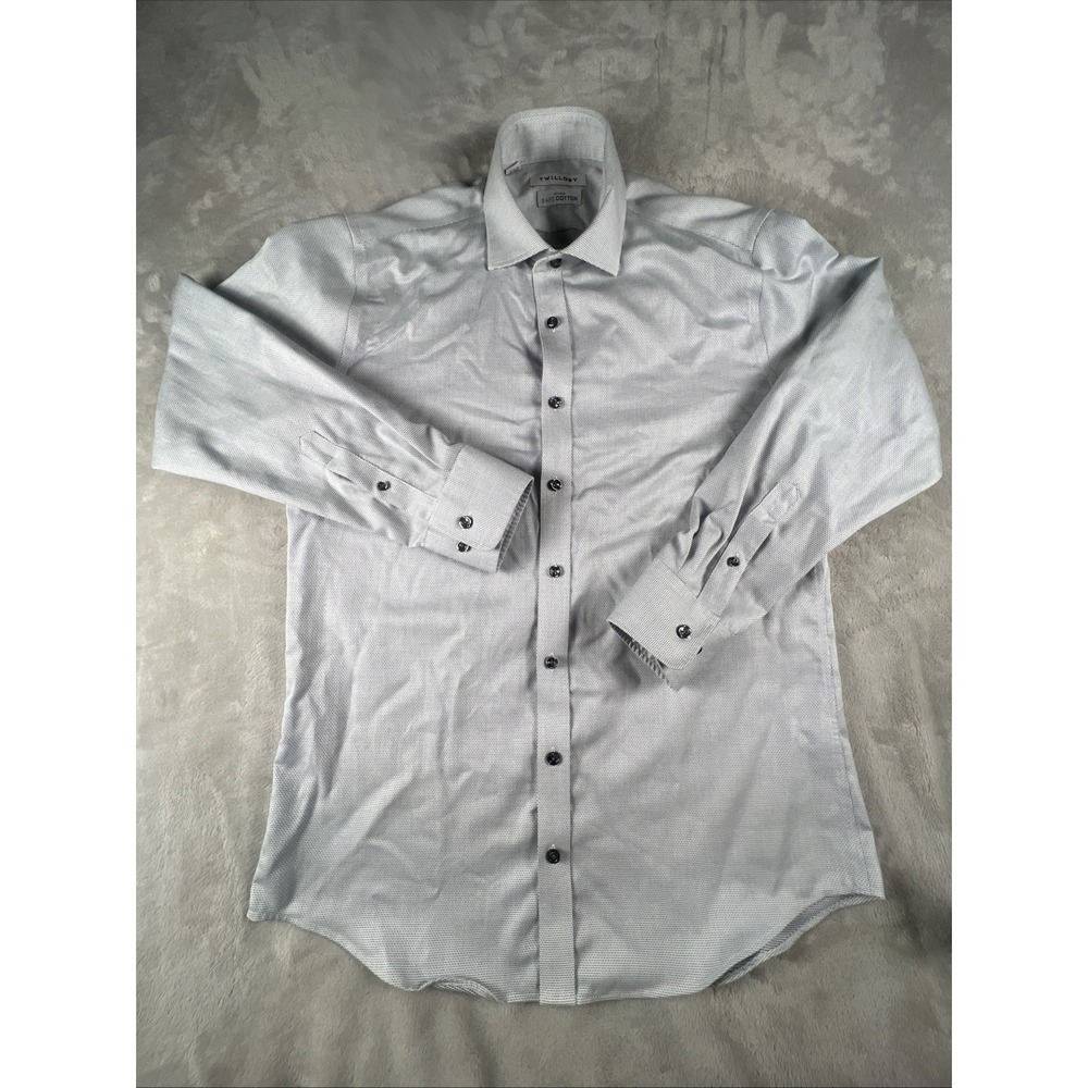 Twillory Shirt Mens L 15.5 32/33 White Geometric Non Iron Safe Cotton Button Up